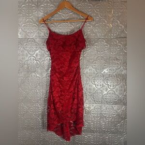 Vintage Y2K Ruby Rox Red Wine Color Ruched Midi Asymmetrical Lace Dress